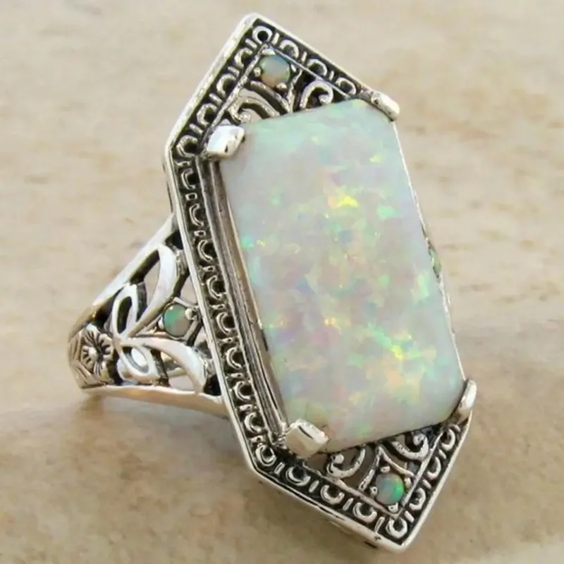 New Fashion Square White Opal Ring for Women Vintage Turquoise Rectangular Faux Gem Ring Jewelry Gifts Женская Бижутерия Тренд