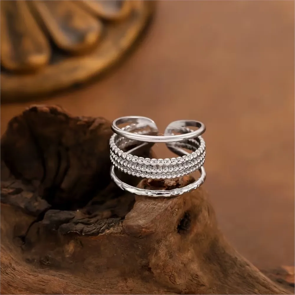 Stainless Steel Multi-Layered Bead Design Open Ring for Women Vintage Bohemian Stackable Ring Jewelry Accessory Gifts
