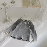 2024 Autumn New Baby Girls Lace Collar Long Sleeve Tops Solid Infant Toddler Cute Bow Princess Bottoming Shirts Cotton Clothes 4