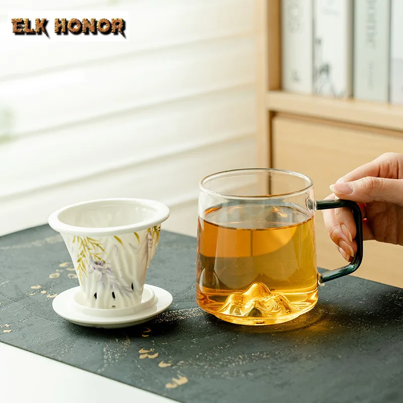 450ML Hand-painted Wisteria Flower Glass Filter Tea Separator Cup Distant Hills Tea Separation Mug With Handle Office Work Mugs