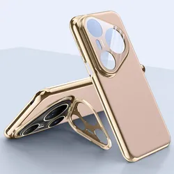 Elegant Leather Slim Case with CamKick Holder and Glossy Frame for Pura 80 Ultra (Light Pink)
