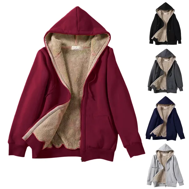 Women's Hoodies Lambswool Zipper Cardigan Velvet Thickened Winter Warm Loose Fashion Hooded Outwear Jackets Solid Sweatshirt 5
