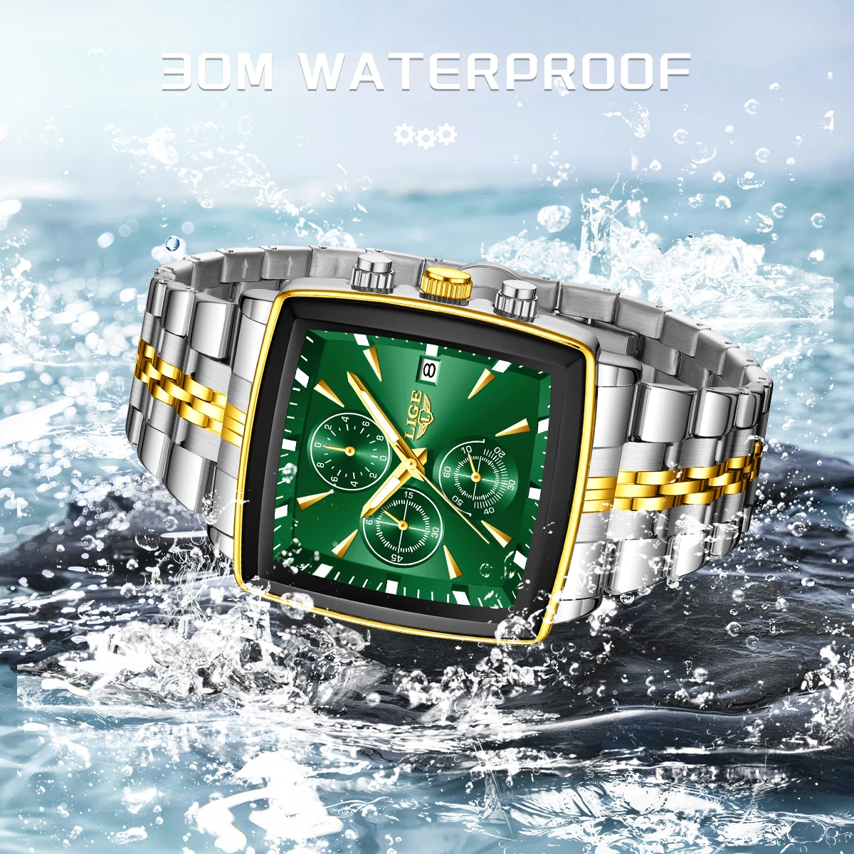 LIGE Fashion Men's Luminous Waterproof Chronograph Wristwatch with Date Function - Square Quartz Design, Includes Box