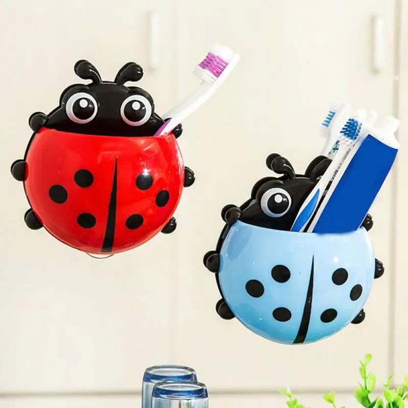 Cartoon Ladybug Toothbrush Holder Wall Mounted Remote Control Shelf Household Toothbrush Toothpaste Holder Container Accessories