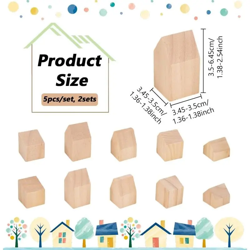 Set of 10 Unfinished Wooden House Blocks for Crafting and Decorating