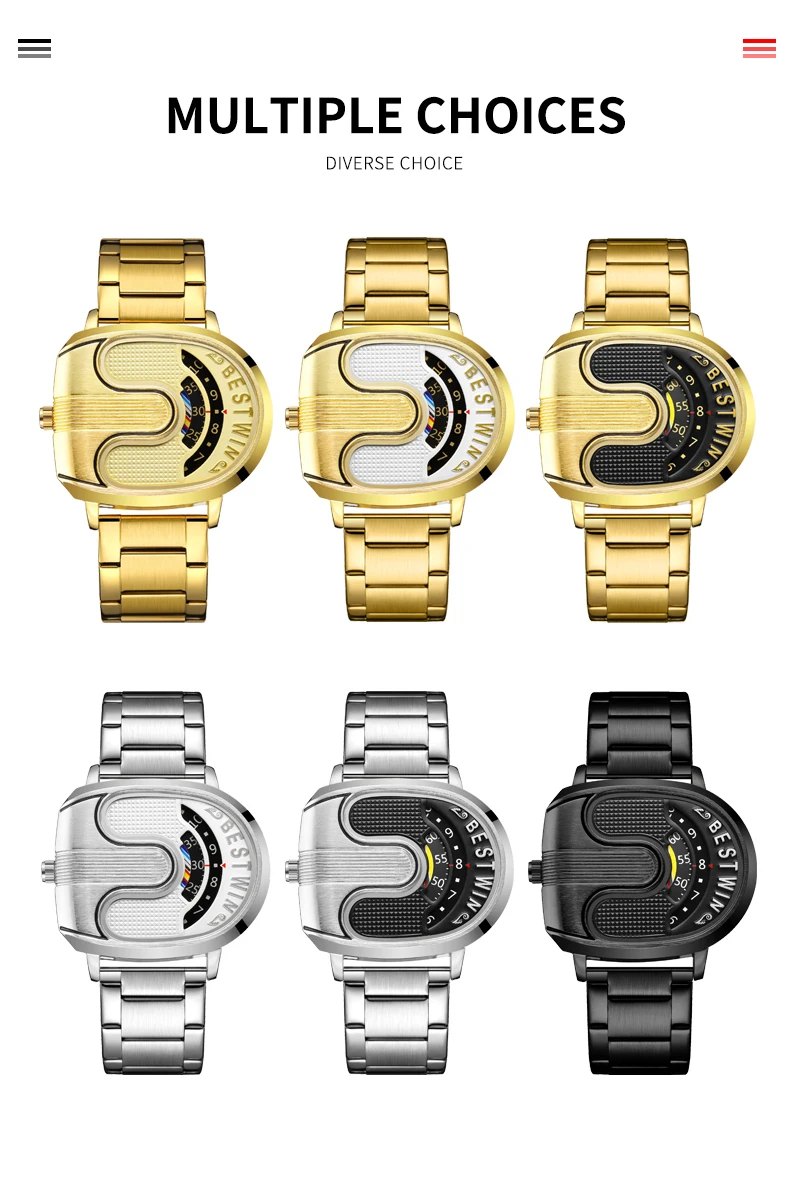 Creative Large Dial Personality Watches for Men BESTWIN Gold U-Shape Fashion Mens Watch Trend Reloj Hombre Lujo Alta Gama 2024