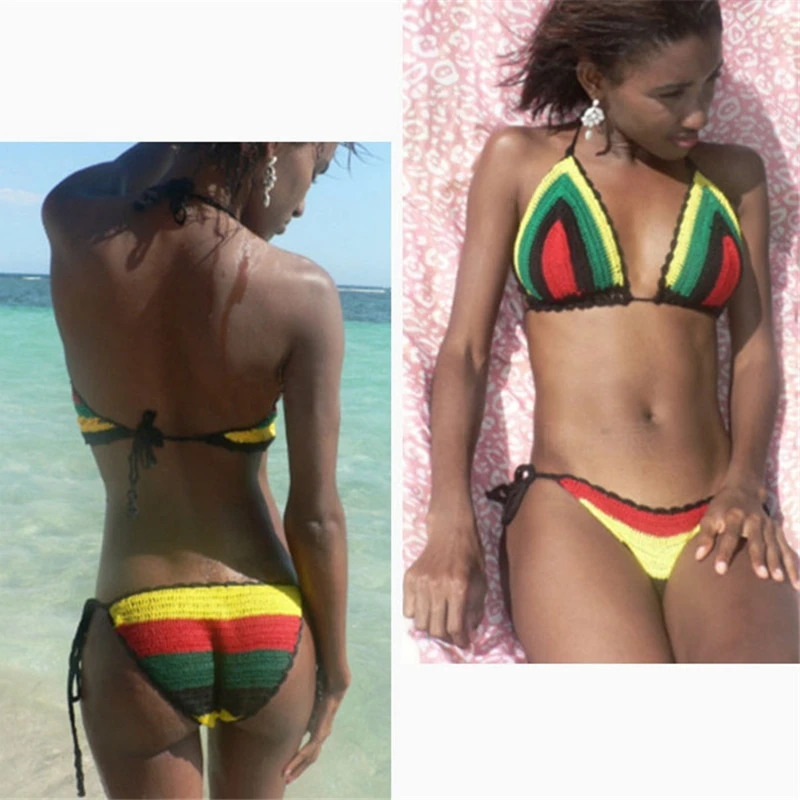 Sexy Bikini Knitted Crochet Swimsuit Women Swimwear Push Up Brazilian Side Tied Strappy Bathing Suit Summer Beach Wear Swimming