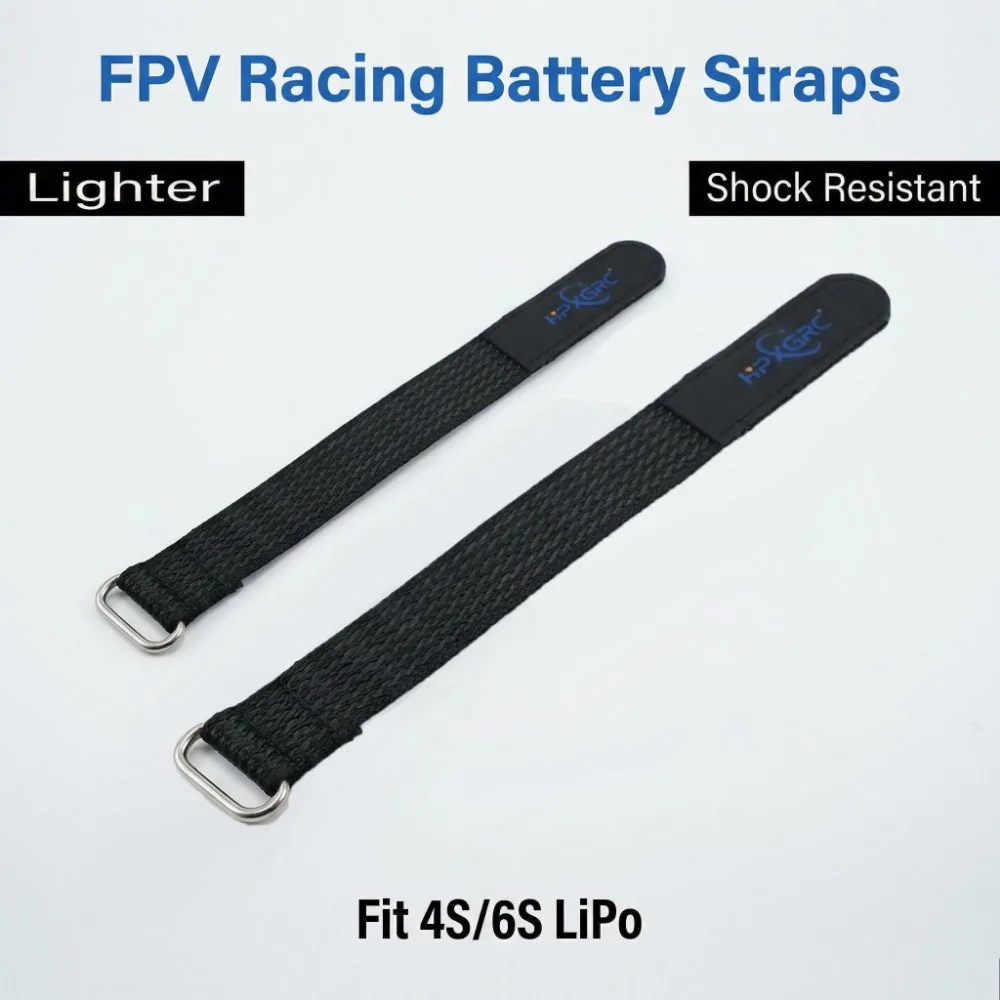 Deux sangles de batterie FPV HPXGRC 16x260mm et 20x310mm disposées en croix sur une surface texturée
