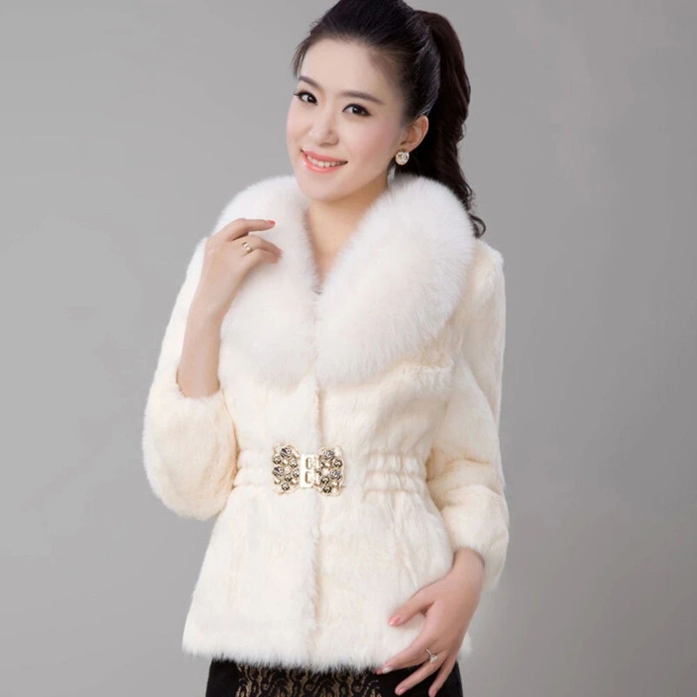 

Temperament New Slim Korean Winter Women Imitation Fur Short Coat with Faux Fox Fur Collar Solid Belt Outerwear Oversized 4XL