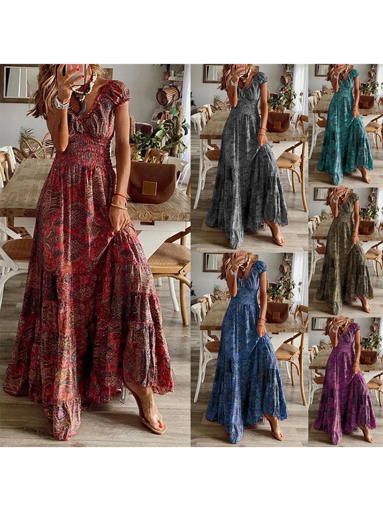 

Женское платье-макси с цветочным принтом, V-образным вырезом и коротким рукавом