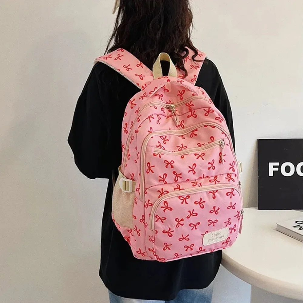3 Pcs/Set Cute Large Capacity Bow Backpack Bow Print Nylon School Bag Adjustable Strap Travel Backpack 3