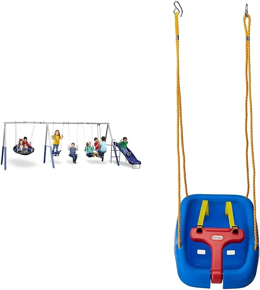 

Recreation Fun Forever Swing Set, Gray and Little Tikes Snug 'n Secure Blue Swing with Adjustable Straps, 2-in-1 for Baby