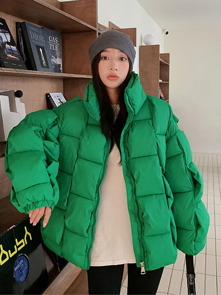 2024 Winter Fashion Women Parkas Warm Down Cotton Short Jacket Thick Knitted Loose Puffer Coat Stand Collar Female Outwear Coats fashion large fur collar hooded thick cotton down thickened jackets women s winter coats solid simple parkas 2021 female outwear
