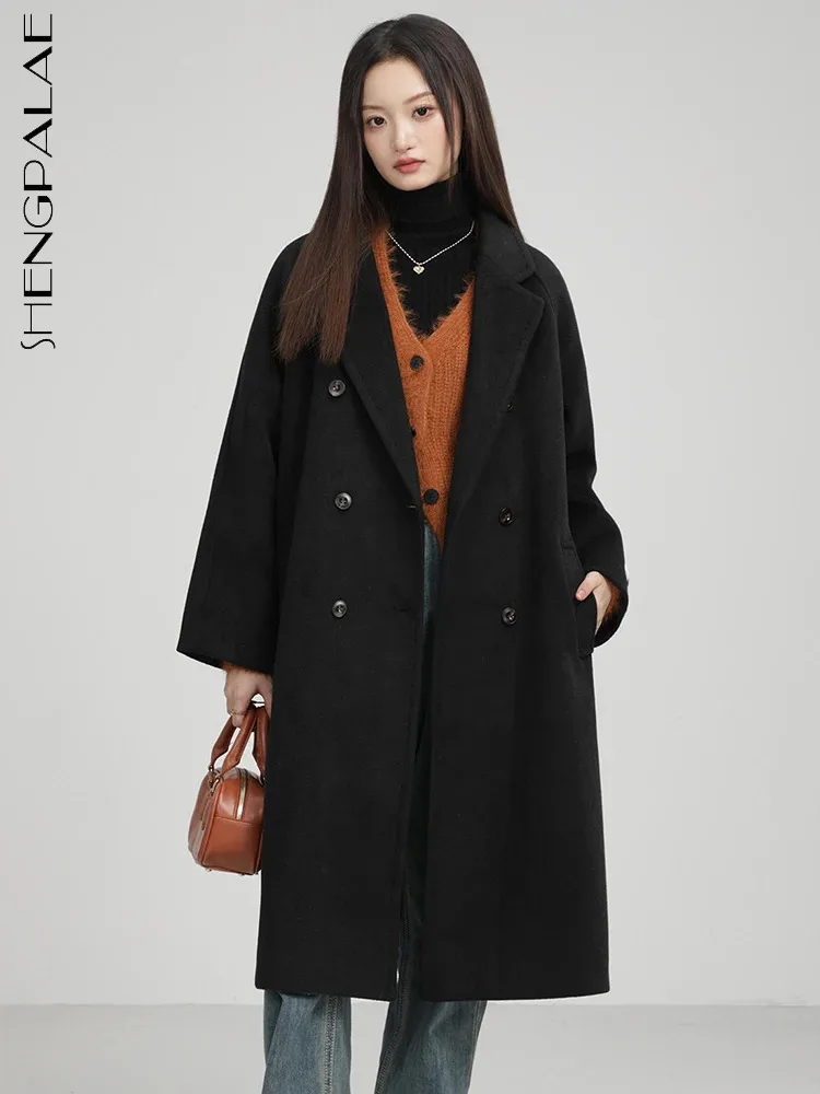 

SHENGPALAE Temperament Notched Collar Woolen Coat Women Winter 2023 New Versatile Double Breasted Blends Outwear Female 5R8009