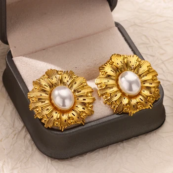 Gold Color Sun Flower Earrings for Women Stainless Steel Imitation Pearl Stud Earrings 2025 Trend Piercing Wedding Jewelry Gift