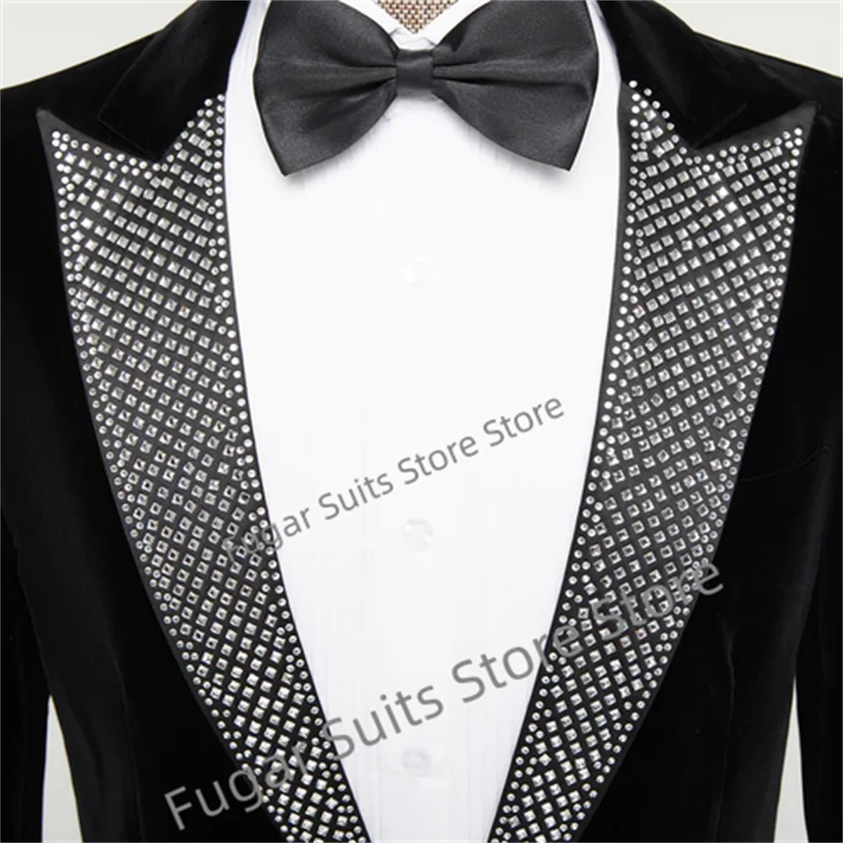 Luxury Rhinestone Velvet Black Elegant Suits For Men Slim Fit Peak Lapel Groom Tuxedos 2 Pcs Business Male Blazer Costume Homme