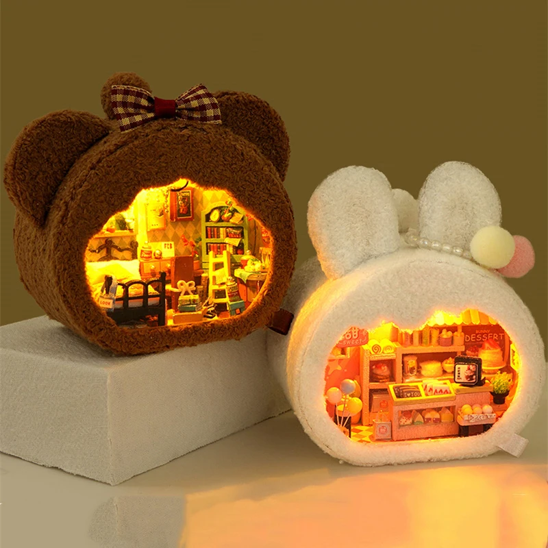 DIY Wooden Miniature Building Kit Doll Houses with Furniture Light