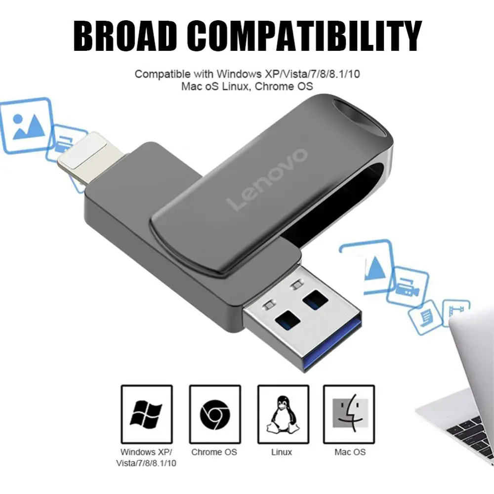 Lenovo Type C USB Flash Drive 2-IN-1 Lightning USB3.0 Pen Drive 1/2TB Pendrive 100MB/S Flash Disk With Key Ring For PC/iPhone