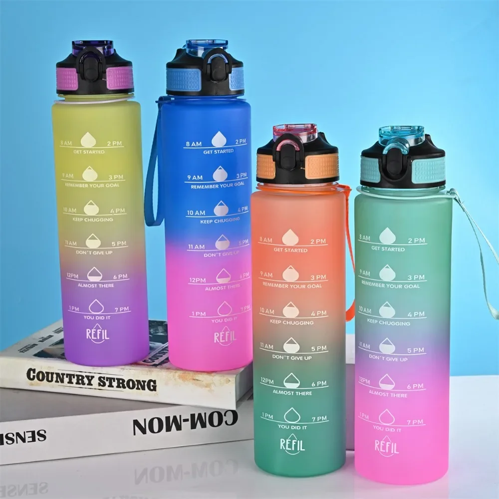 1L Water Bottle Gradient Color Motivational Sport Water Bottle Time Marker Leak-proof Cup for Office Gym Outdoor Shaker Bottles shaker bottle shaking cup