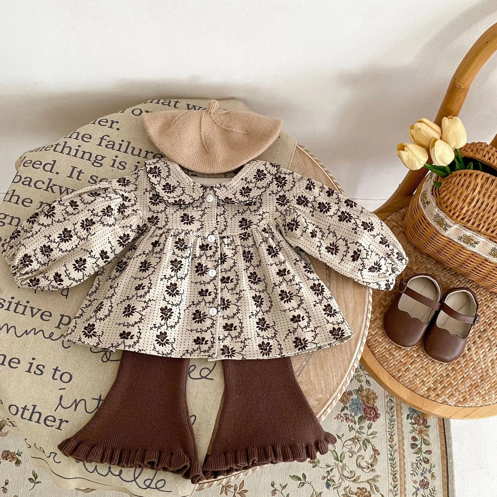 

2023 Autumn Toddler Baby Girl Clothes Sets Kids Floral Blouses Doll Collar Long Sleeve Tops+Flared Pants Girls Clothes Two Piece