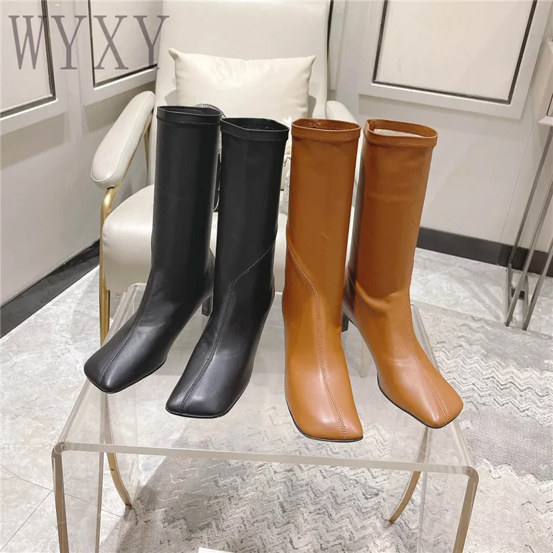 

Autumn New Ankle Boots Square Toe Genuine Leather Slip-On Women Boots Mid-calf Fashion Sexy High Heels Elegant Women Shoes 2023