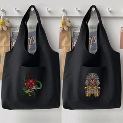 Woman Bag Casual Shoulder Bag Handbag Monster Pattern Printing Series Tote Bag Soft Canvas Bag Japanese Black Commuter Bag