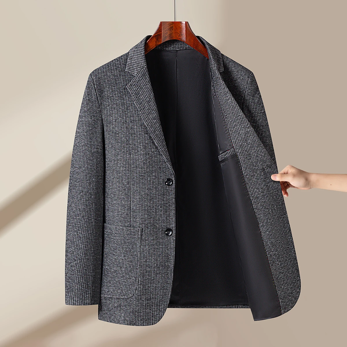 Men's Business Casual Knitted Suit Autumn Winter Wool Elastic Stripes Single Breasted Two Button Pocket Suit