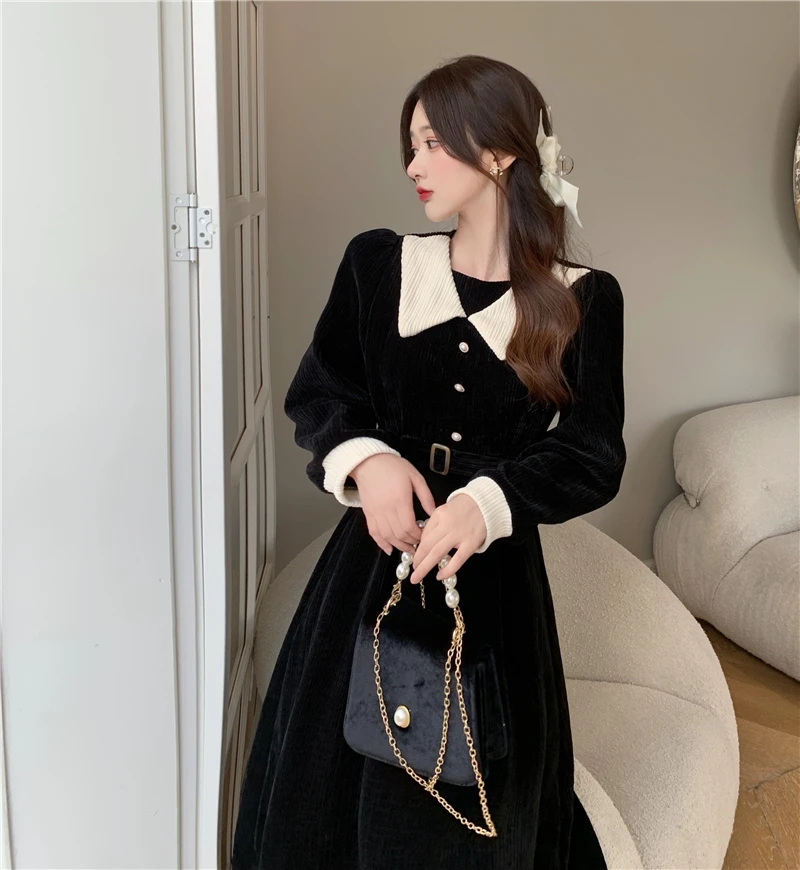 Corduroy Black Long Sleeves Women's Dress Chic Design 2022 Spring French Hepburn Elegant Style Doll Collar Fashion Female Dress business casual women