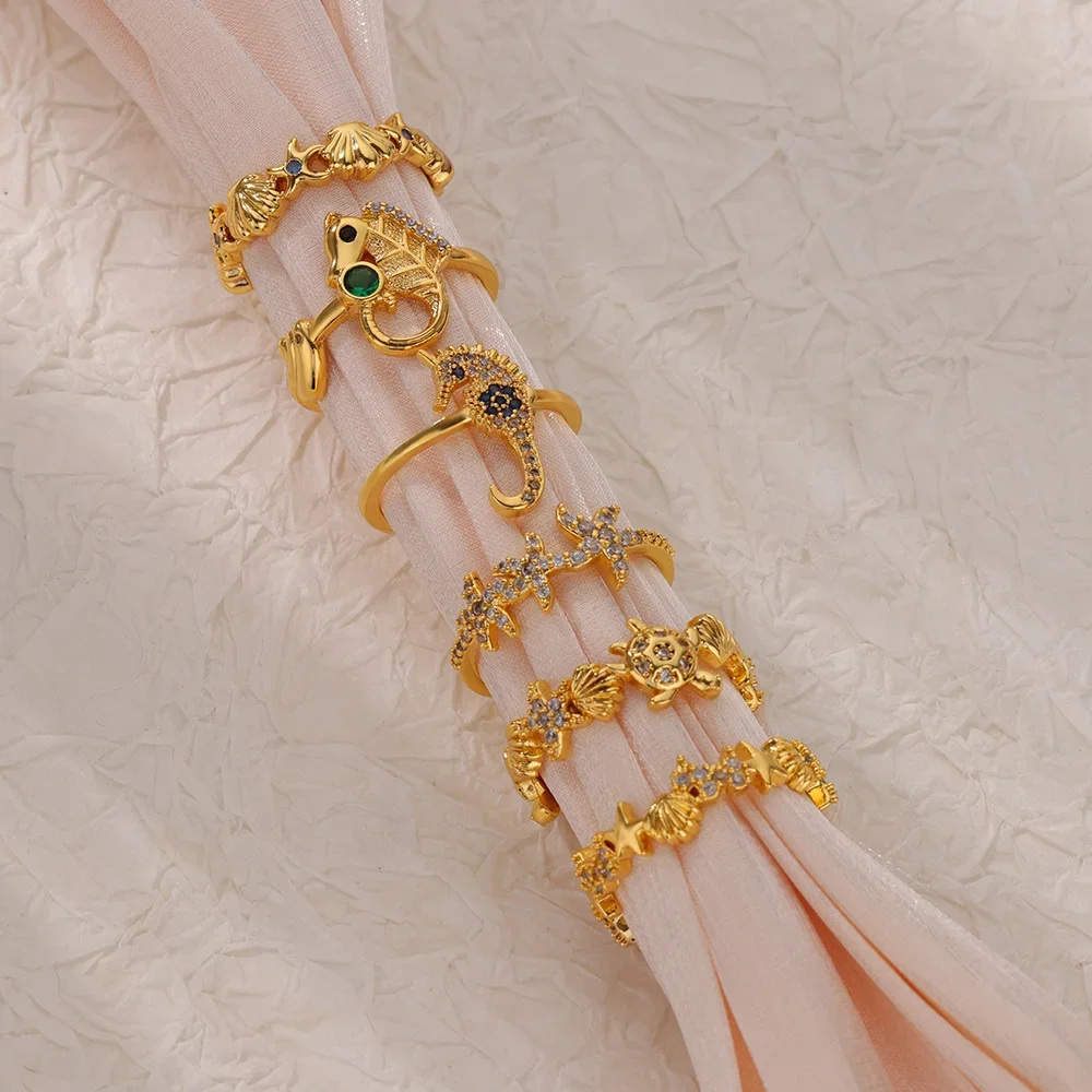 Dainty Zircon Shell Starfish Turtle Evil Eye Rings Stainless Steel Ring Women Anti Fading Golden Charm Jewelry Accessories Gifts 4