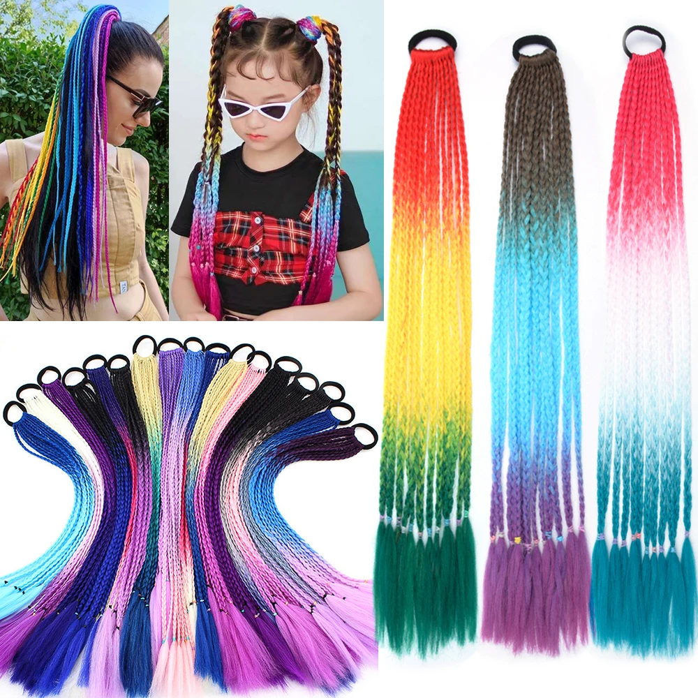 

Synthetic Gradient Color Dirty Braided Ponytail 24inch Rainbow Elastic Rubber Band Braiding Pony Tail Hair Extensions For Girls