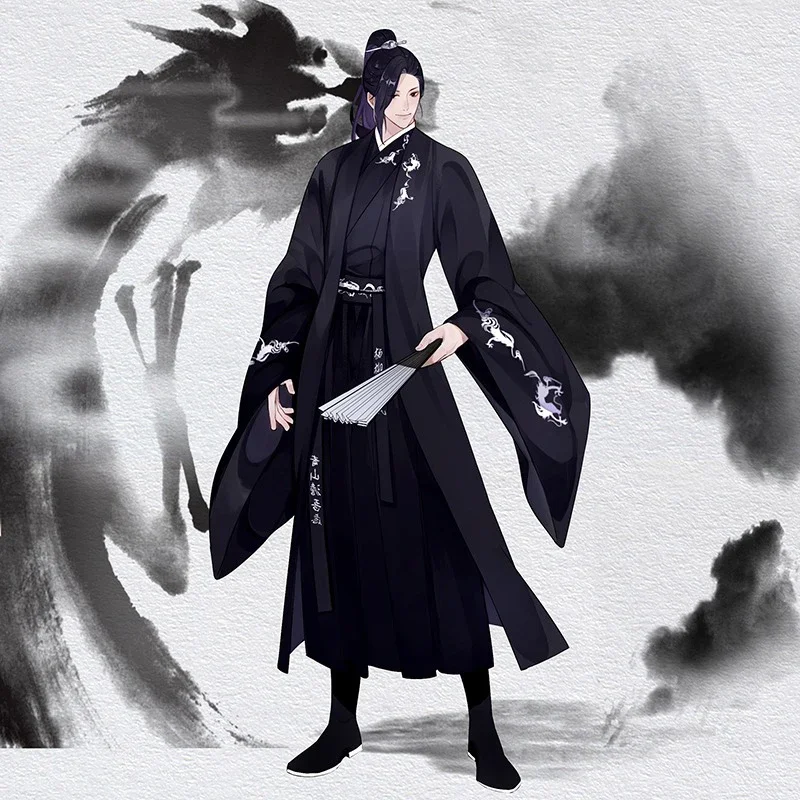 Japanese Samurai Black Dragon Embroidery Swordsman Hanfu Traditional Chinese Style Clothing  Large Size Unisex Long Robe