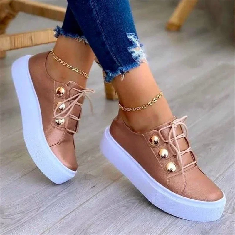 2024 Fashion Women Round Toe Platform White Shoes Plus Size 43 Casual Shoes Women Lace Up Flats Women Loafers Zapatos Mujer