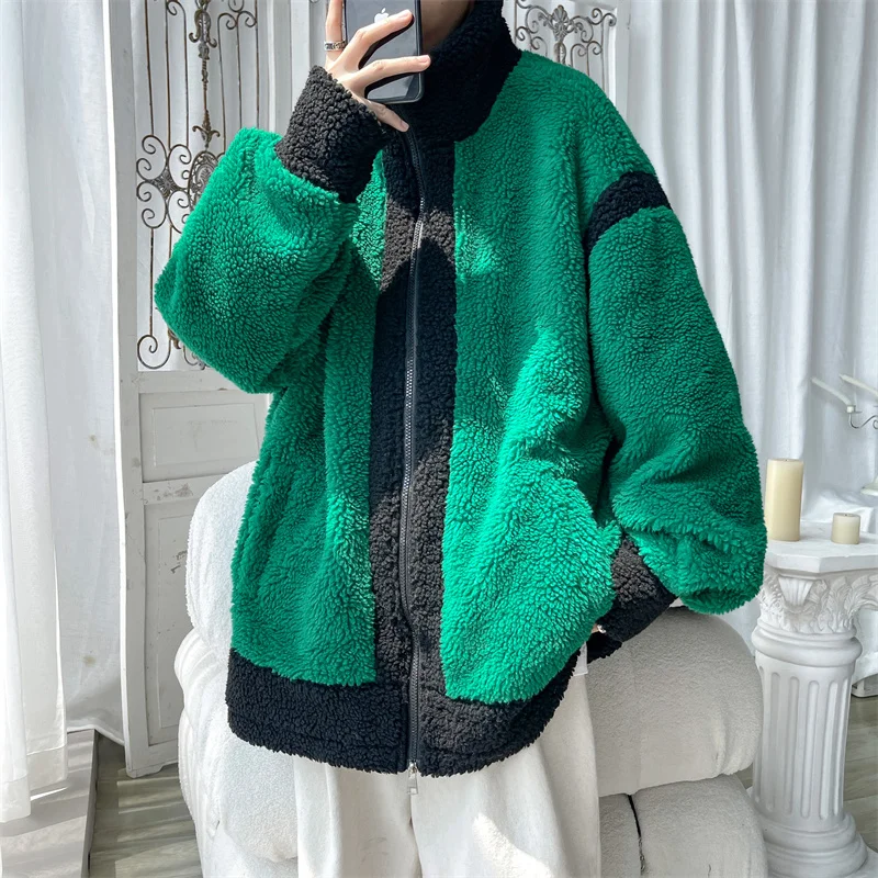 

2023 Winter New Woolen Lamb Men Jackets Harajuku Patchwork Korean Style Male Coat Fashion Streetwear Casual Man Outerwear