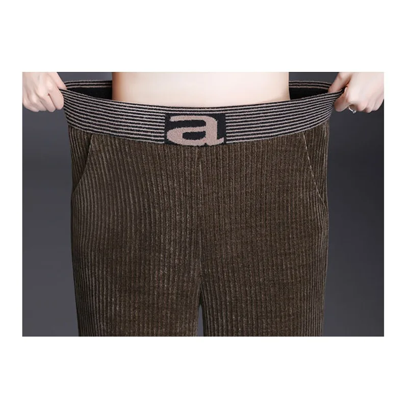 Women Patchwork High Waist Stretch Warm Pantalon Mom's Winter Corduroy Wide Leg Pants Plus Velvet Thicken Office Flare Trousers