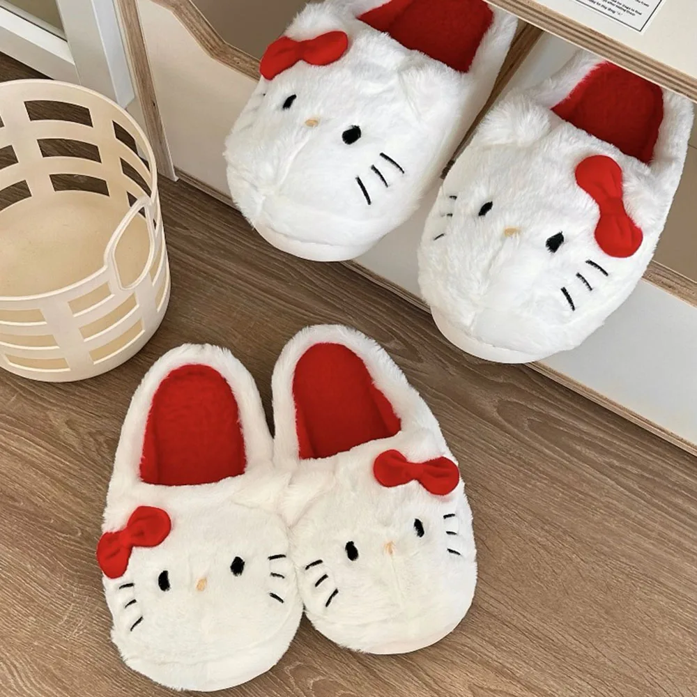 Cute Sanrio Kawaii Hello Kitty Women Girls Home Slippers Winter New Sweet Girl Heart Non-Slip Indoor Cotton Fashion Warm Shoes