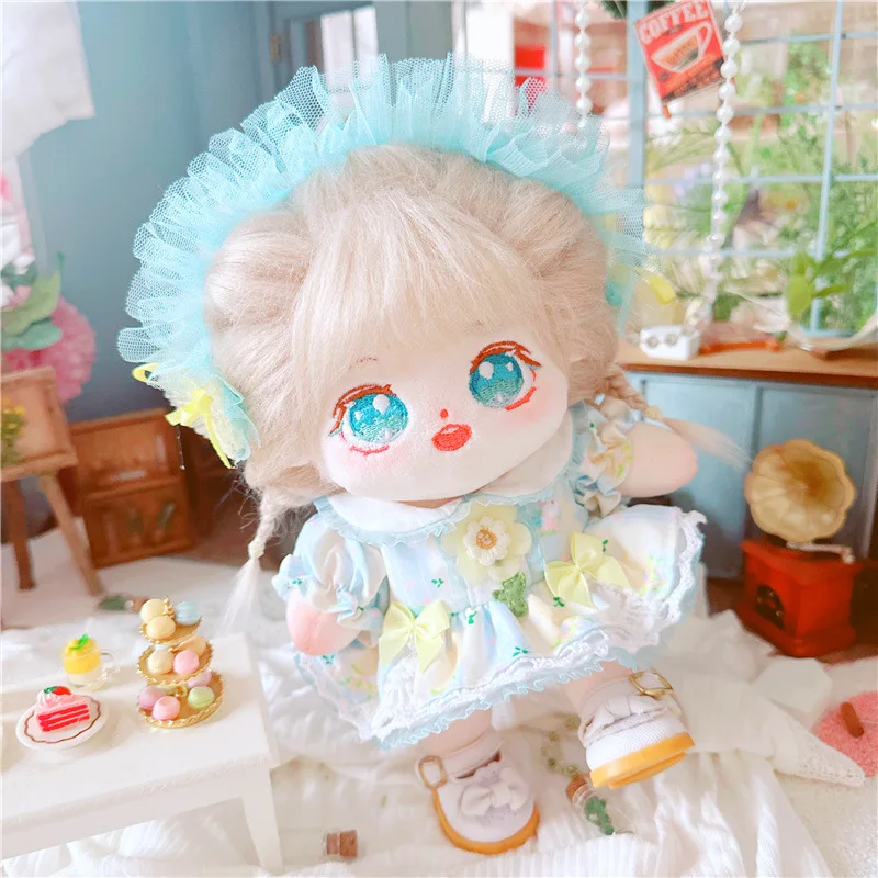 2Pcs Sweet Blue Garden Flower Suit Plush Cotton Doll DIY Clothes Accessory for 20cm Kawaii Soft Stuffed Fat Body Idol Dolls Toys