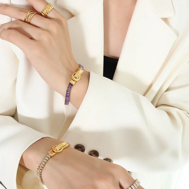Colorful Zircon Elastic Belt Buckle Bracelet for Women – Trendy Stainless Steel Jewelry Accessory