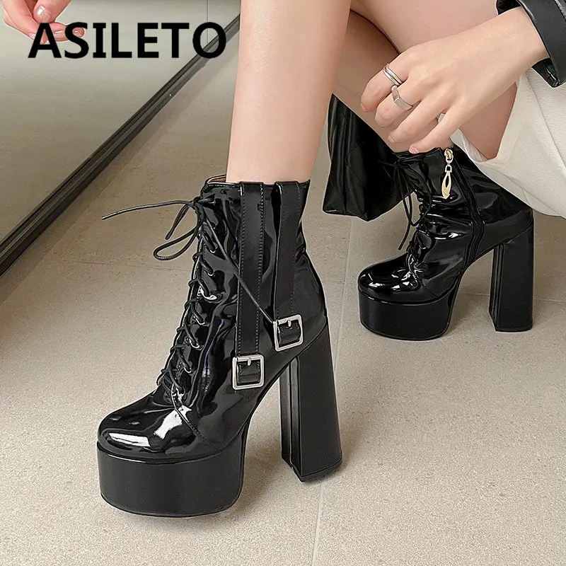 

ASILETO Female Ankle Boots Round Toe Block High Heel 14.5cm Platform Hill 4.5cm Zipper Lace Up Plus Size 43 Mature Party Booty