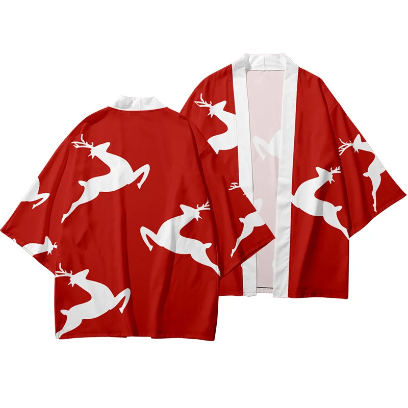 

Men's Japanese Samurai Traditional Ethnic Kimono Cardigan MEN Women's Kimono Christmas Elk Pattern Kimono Bathrobe 3