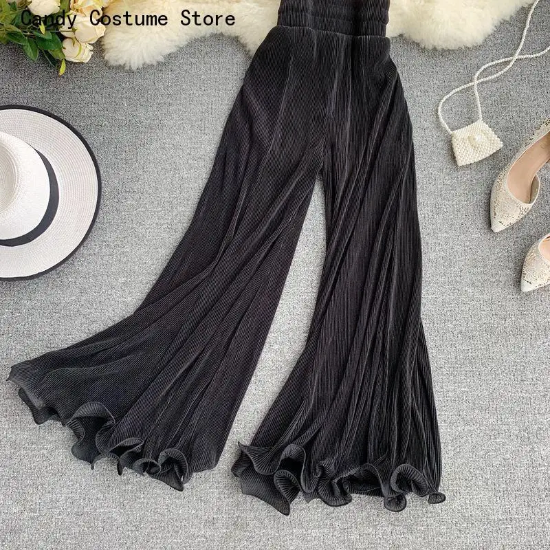 White Summer Female Pants New Women Flare Pants Loose Gauze Elastic High Waist Ruffle Chiffon Ladies Trousers Fashion Black