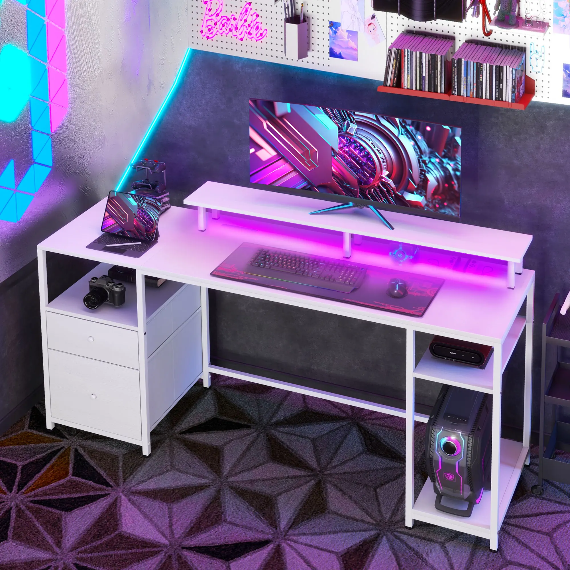 Homcom 61" Computer Desk with Led Lights, Power Outlets, USB Ports, White 3