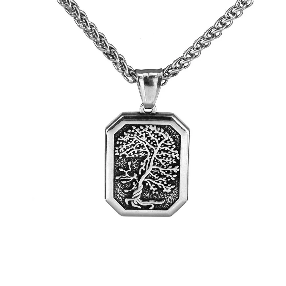 316 Stainless Steel Square Pendant Tree of Life Neckalce Silver Color Multilayer Chains Choker for Women Men Punk Retro Jewelry