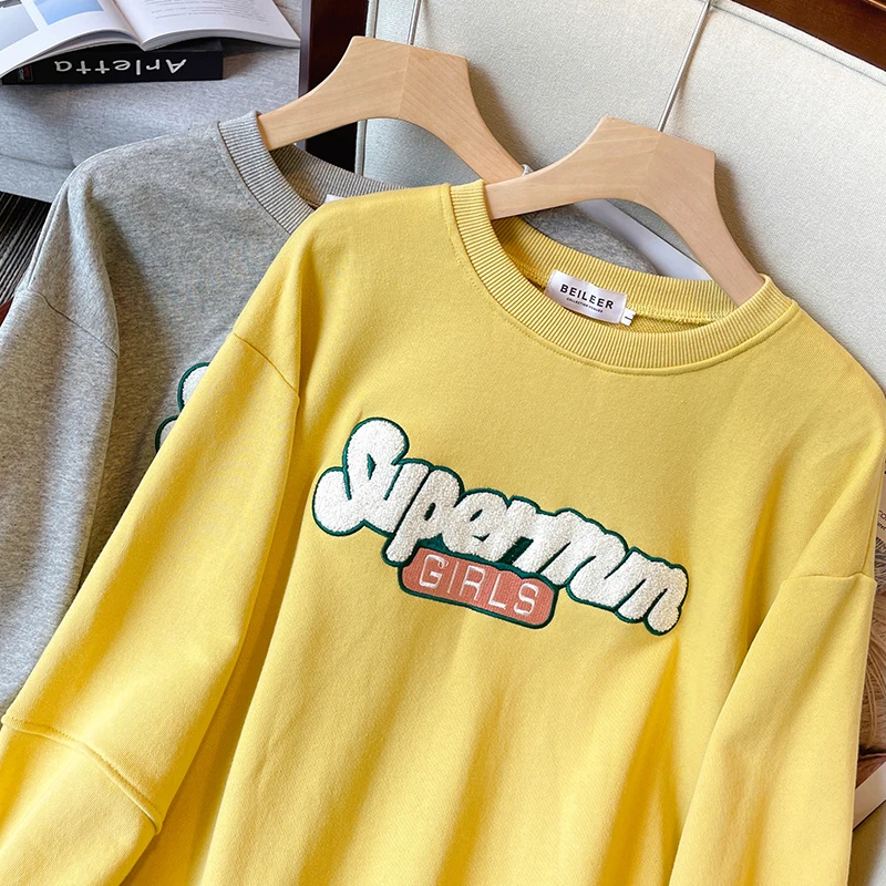 

4XL Large Size Women's Autumn New Korean Fashion Loose Letter Embroidery Casual Long Sleeve Round Neck Streetwear Sweatshirt