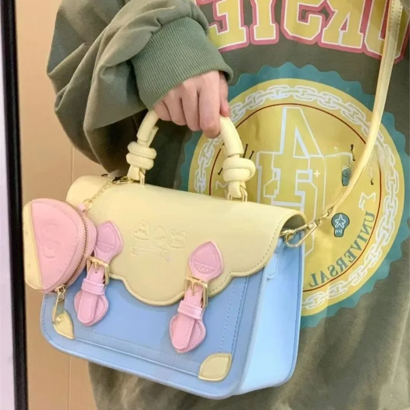 Sweet Cute Color Block Handbag Women JK Academy Style Square Leather Shoulder Bag Ladies Fashion Minimalist Kawaii Messenger Bag