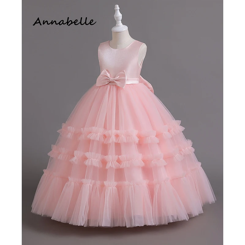 Annabelle Flower Girl Abito Lungo Puffy Lace Flower Baby Wedding Cute Bow Dress Priness Girl Bow Birthday Party Dress 2024New