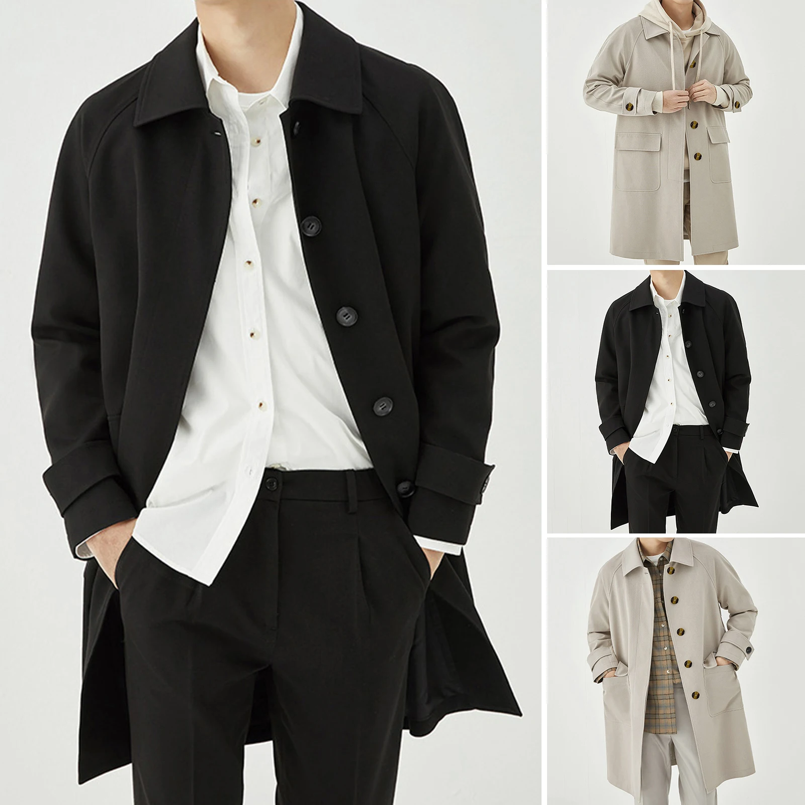 Men's Jackets Spring Single Breasted Medium-Long Trench Coat Male Solid Color Khaki Coat Windbreaker Large Size