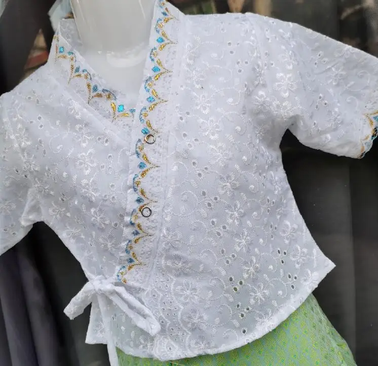 Thai Shirt Women Tops Summer Blouse Vintage Thailand Tradition White