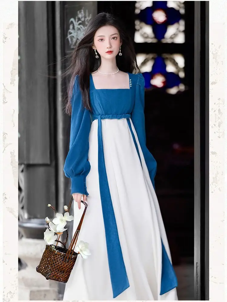 

Women 2023 Spring Autumn Retro Square Collar Long Dress Female Patchwork Loose Vestidos Ladies Long Sleeve A-line Dresses Q608