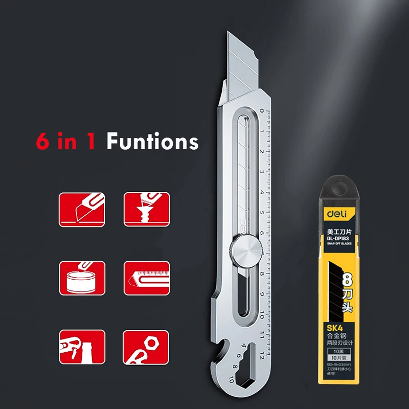 6 In 1 Multifunctional Metal Pocket Utility Knife Stainless Steel Retractable Box Cutter Multitool нож for Carpet Cardboard 6 in 1 multifunctional pocket utility knife stainless stationery steel канцелярский нож couteau cuchillo unboxing cutter office