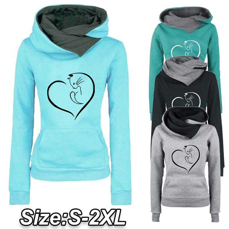 New Fashion Womens Cat Print Hoodies Lapel High Collar Long Sleeve Hooded Sweatshirts Casual Pullover Tops